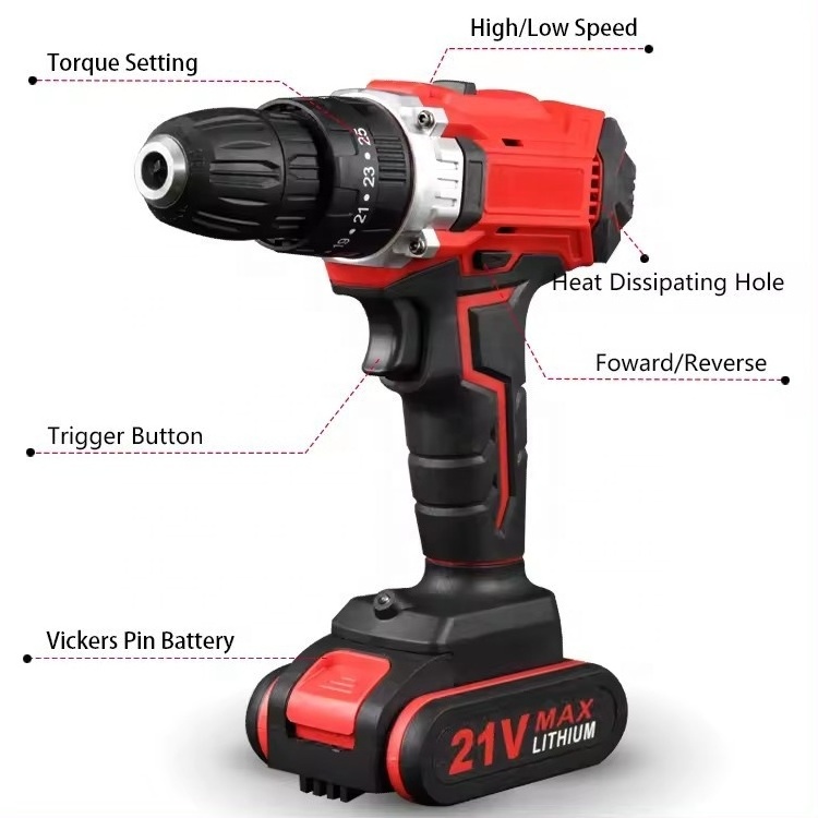 Factory Supply Power Craft Cordless Drill Multi Function 21V Electric Cordless Drill Tools Set 10MM Brushless Power Drill