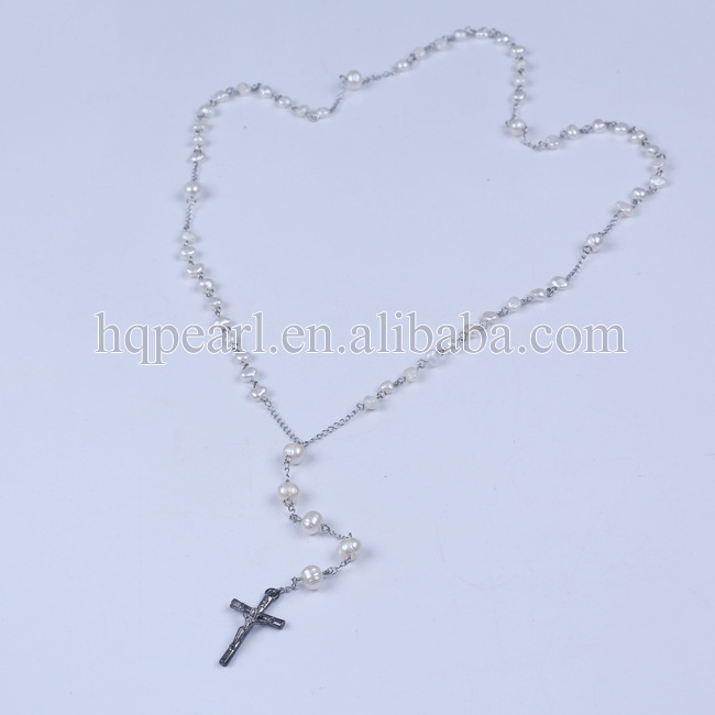 New Catholic Saint Pray Rosary Necklace Pearl Beads Jesus Crucifix Cross Pendant