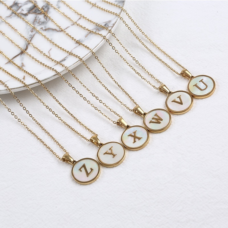 Adjustable Women Choker Coin Necklace Gold Plated Mother of Pearl Pendant Chain 26 Letters Initial Necklace