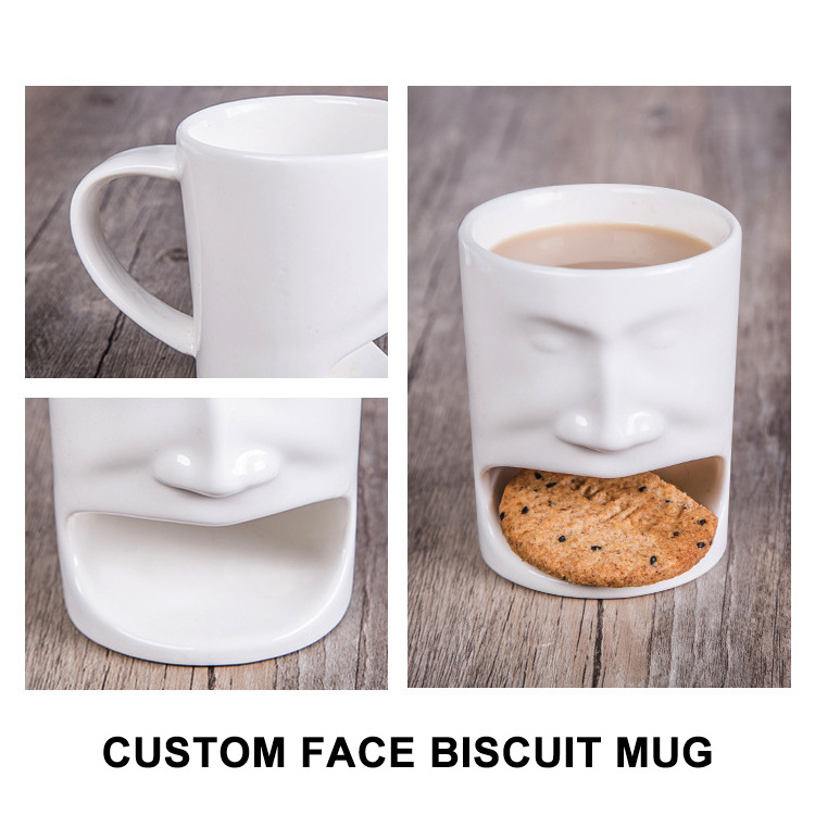 Custom Logo Ceramic Biscuits Mugs Coffee Tea Milk Side Cookie Pockets Ceramic Biscuit Holder Mug