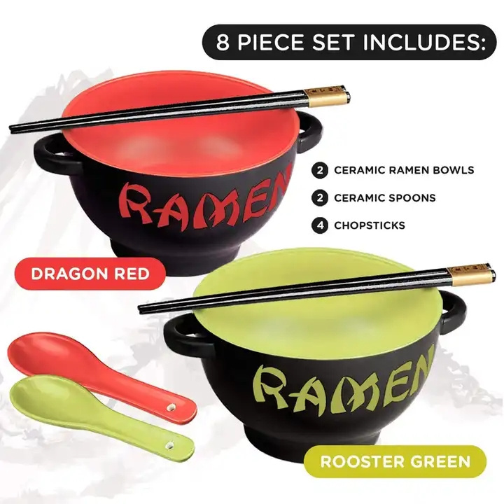 custom printed japanese black red korean wholesale deep thick ceramic soup ramen noodle bowl set with chopsticks and spoon