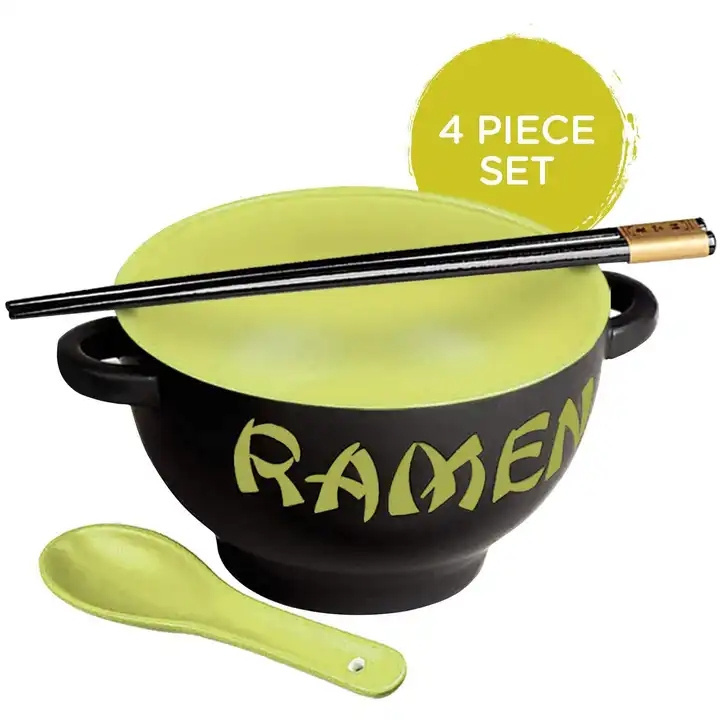 custom printed japanese black red korean wholesale deep thick ceramic soup ramen noodle bowl set with chopsticks and spoon