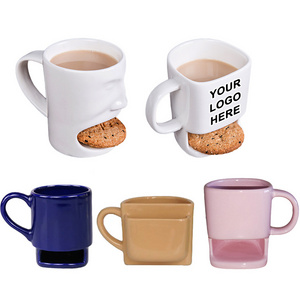 Custom Logo Ceramic Biscuits Mugs Coffee Tea Milk Side Cookie Pockets Ceramic Biscuit Holder Mug