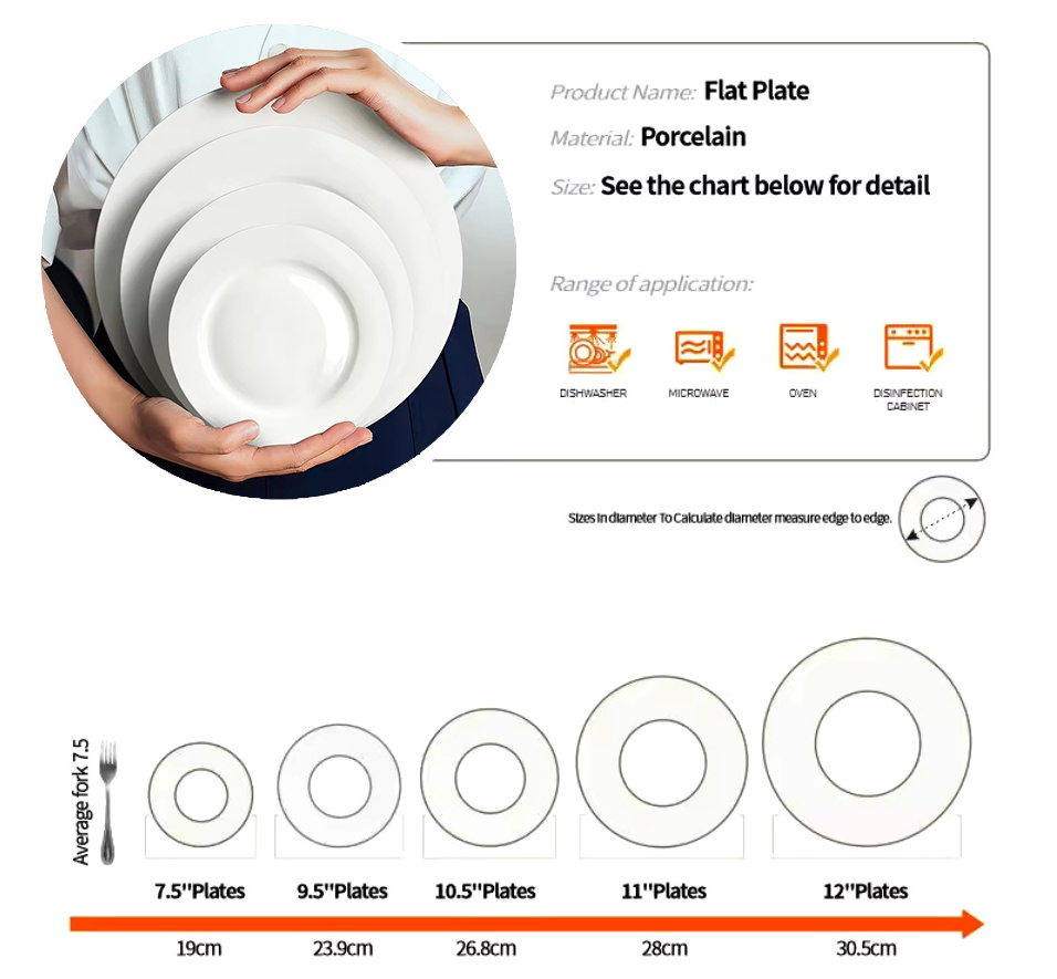 custom printed Logo ceramic flat plates dinnerware restaurant dessert white dish round dinner porcelain flat plates