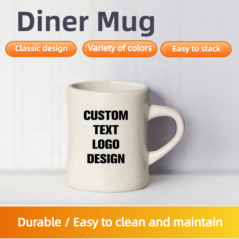 Custom Heavy Classic Vintage Retro Style Thick Printed Coffee Porcelain Printing Custom Logo Ceramic Cream White Cafe Diner Mugs