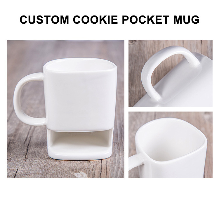 Custom Logo Ceramic Biscuits Mugs Coffee Tea Milk Side Cookie Pockets Ceramic Biscuit Holder Mug