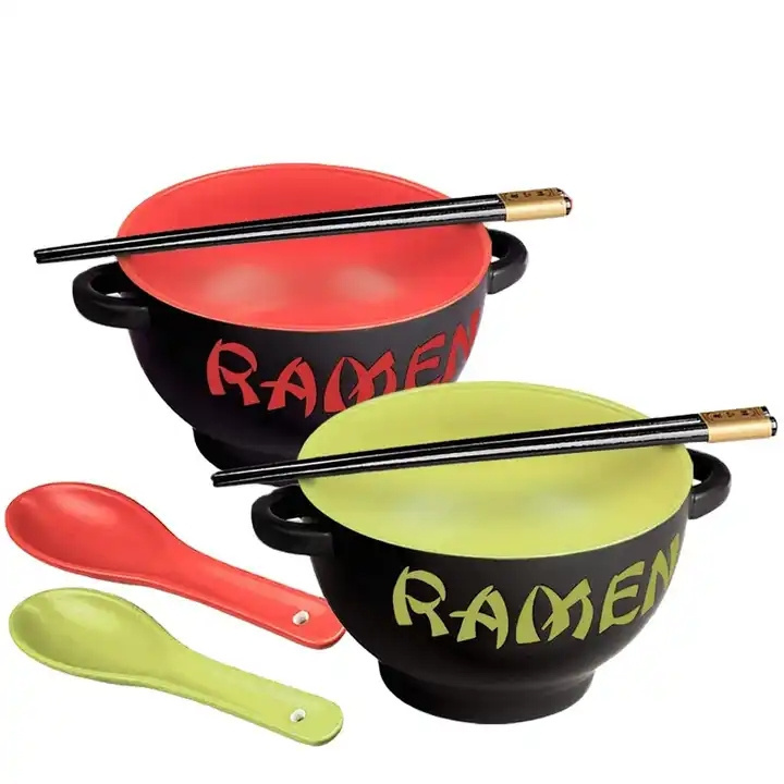 custom printed japanese black red korean wholesale deep thick ceramic soup ramen noodle bowl set with chopsticks and spoon