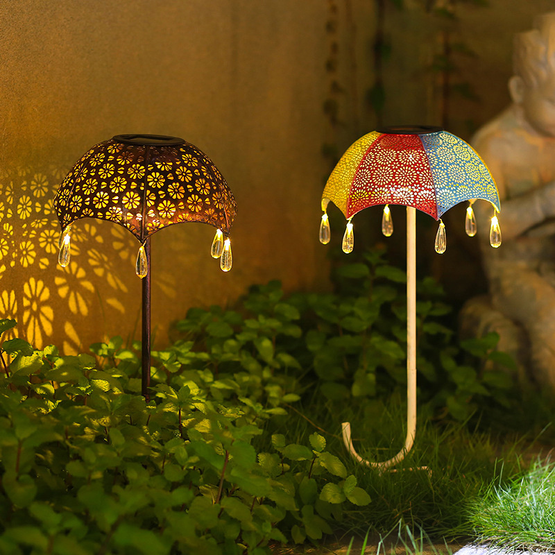 Outdoor Ip65 Waterproof Garden Landscape Yard Decor Lighting Solar Wrought Iron Umbrella Hollow Daisy Projection Light Lawn Lamp