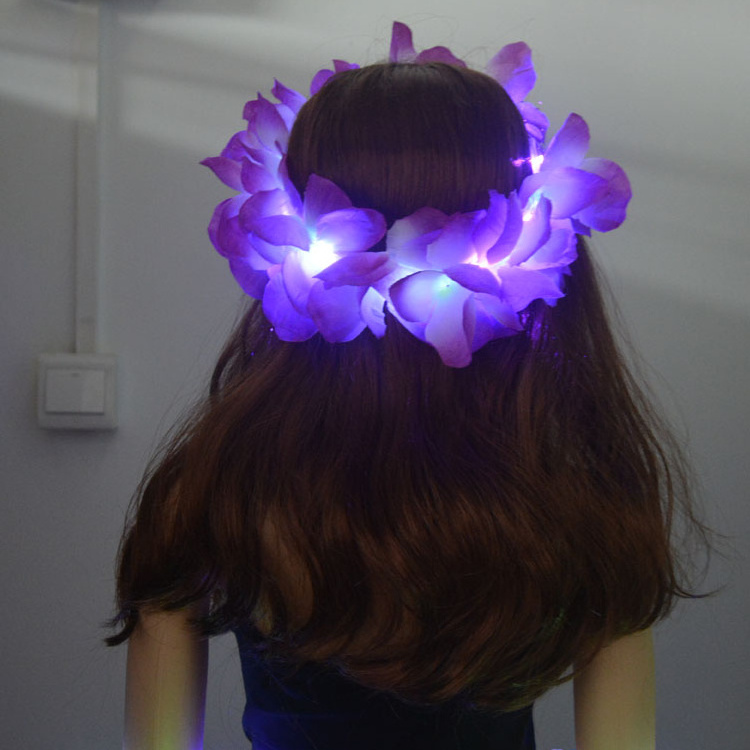 Women Girl LED Hawaii Hawaiian Lei Headband Glow Light up Flower Crown Wreath Birthday Gift Festival Wedding Party Favors