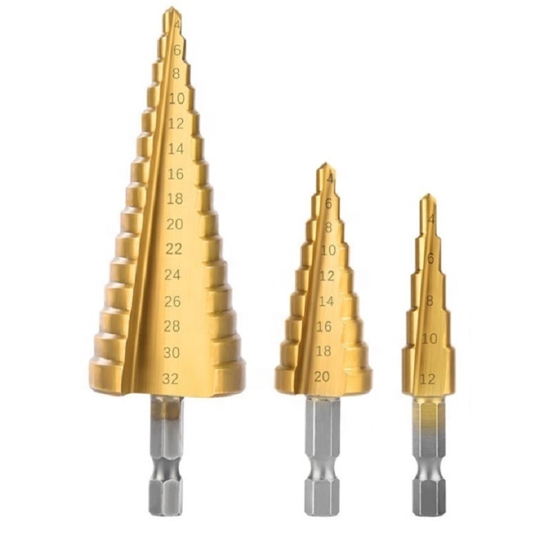 3Pcs High Quality HSS Step Drill Bit Set For Metal Drilling, 4-12mm,4-20mm,4-32mm,Hex Titanium Coated,4241 High Speed Steel