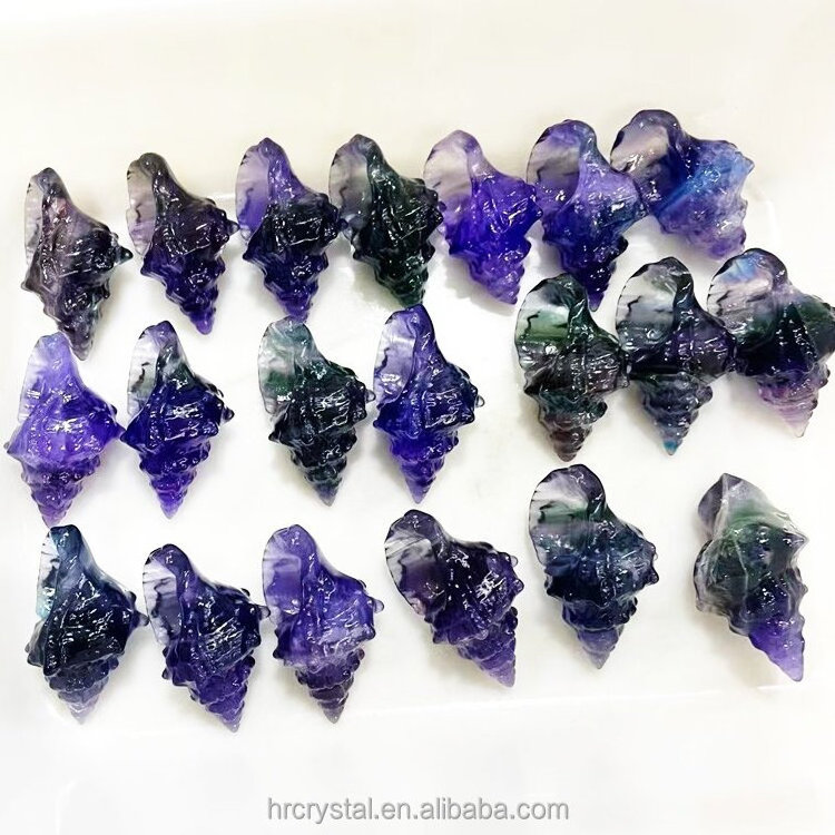 Healing Semi-precious Stone Crafts Natural Rainbow Fluorite Conch Shell Crystal Carvings