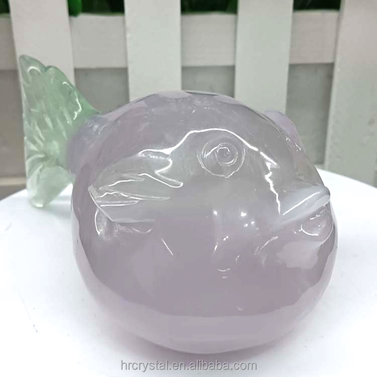 Healing Natural Gemstone Crafts Lavender Fluorite Pufferfish Crystal Animal Carvings