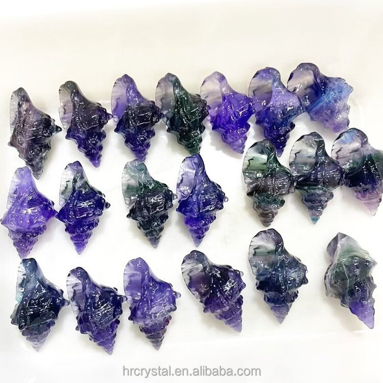 Healing Semi-precious Stone Crafts Natural Rainbow Fluorite Conch Shell Crystal Carvings