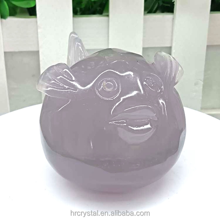 Healing Natural Gemstone Crafts Lavender Fluorite Pufferfish Crystal Animal Carvings