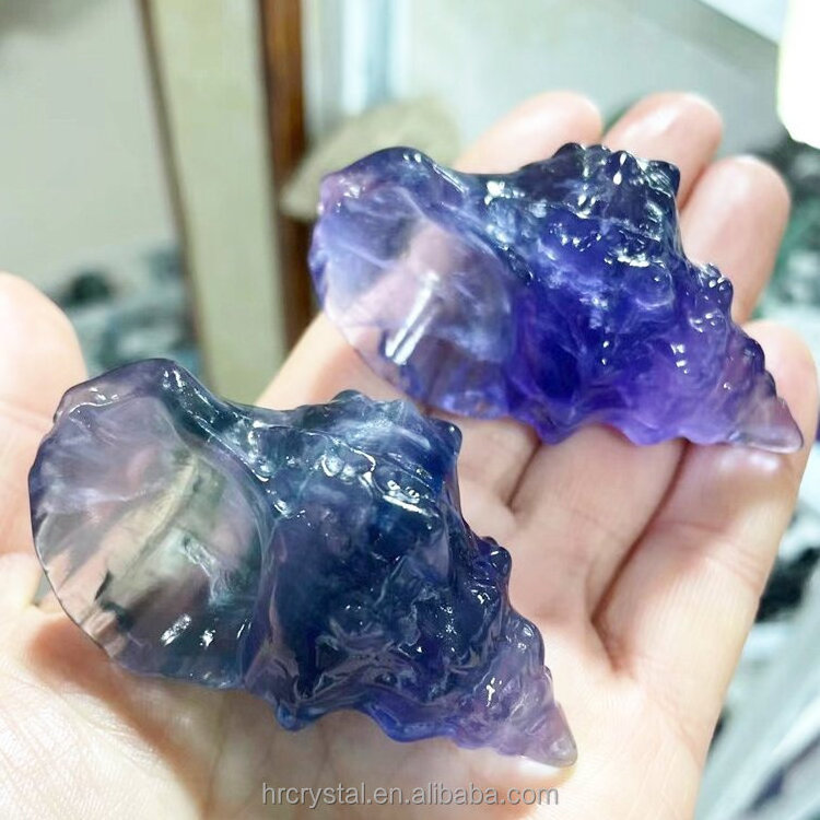 Healing Semi-precious Stone Crafts Natural Rainbow Fluorite Conch Shell Crystal Carvings