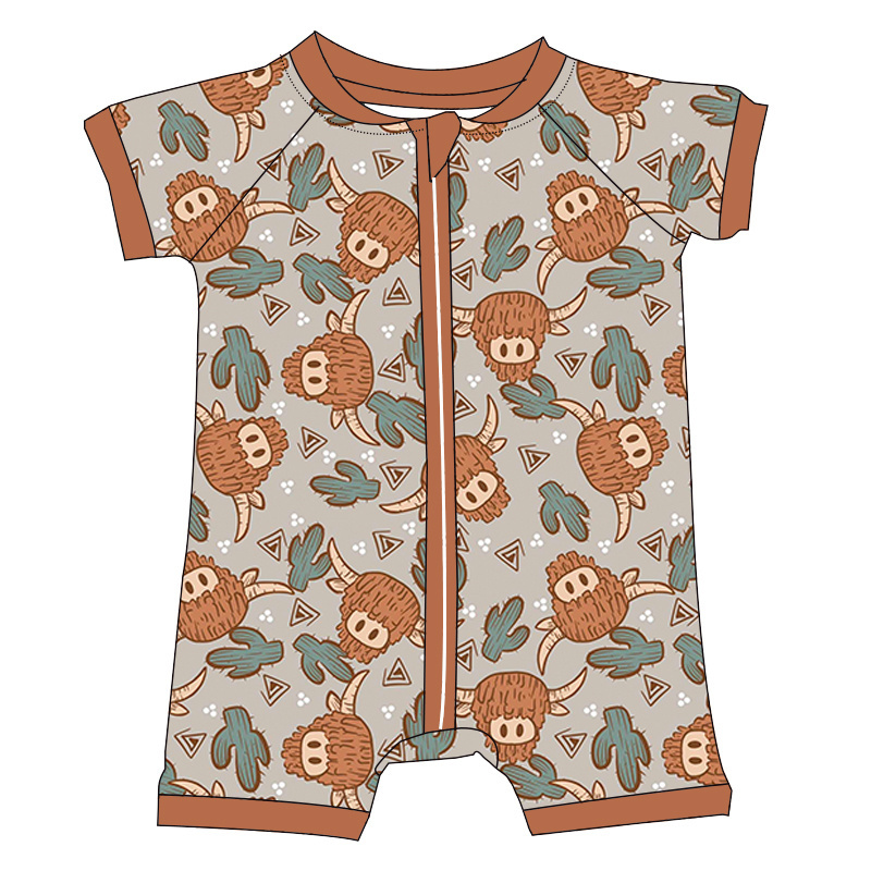 2024 Summer Boy Girl Romper With Two Way Zipper Short Sleeve Short Pants Western Pattern Bamboo Fabric Newborn Baby Pajamas