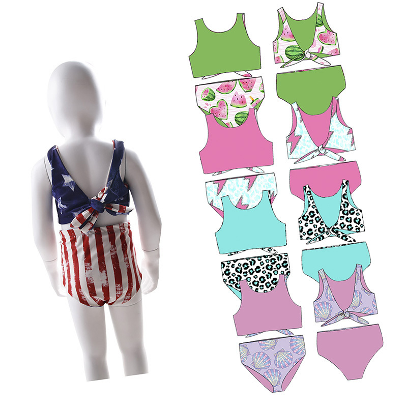 Fashion 4th Of July Design Kids Reversible Swimwear Red Striped Blue Star Bathing Suit Girls Bikini 12 Year Old Girl Swimsuit