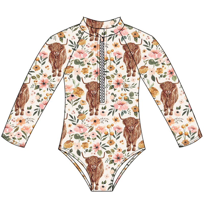 2024 New Summer Wholesale kids swimwear custom printing long sleeve zipper design girl beachwear bikini