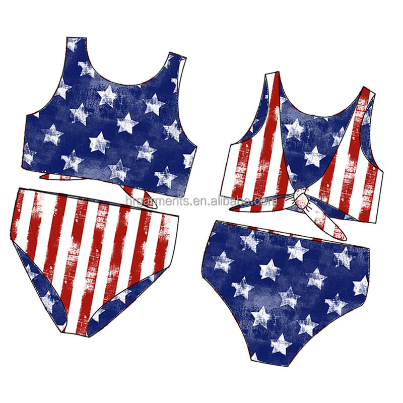 Fashion 4th Of July Design Kids Reversible Swimwear Red Striped Blue Star Bathing Suit Girls Bikini 12 Year Old Girl Swimsuit