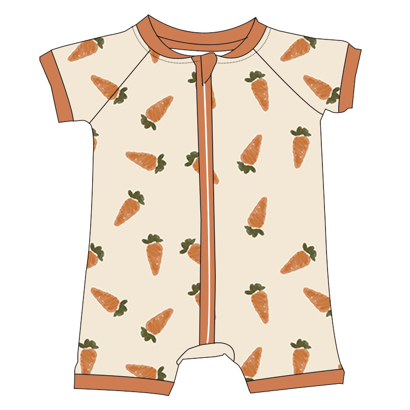 2024 Summer Boy Girl Romper With Two Way Zipper Short Sleeve Short Pants Western Pattern Bamboo Fabric Newborn Baby Pajamas