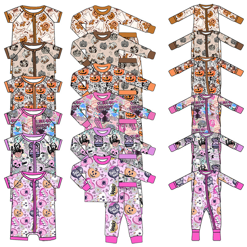 Hot selling Long sleeve rompers Custom Western Halloween print Baby Bamboo pjs Infant long zippy romper