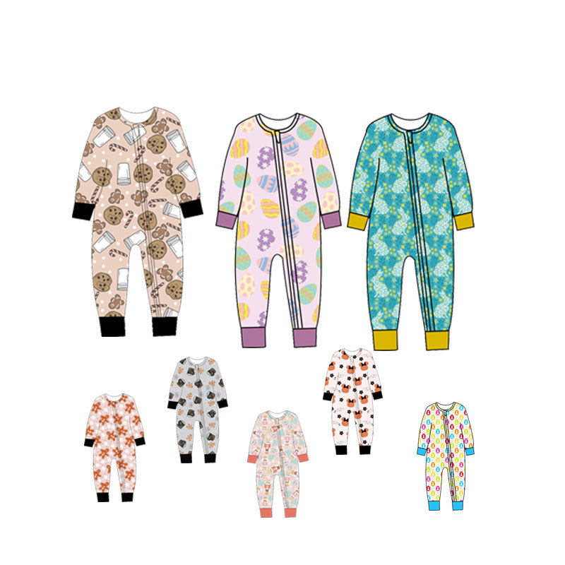 2023 Kids Long Sleeve Pajama Sleeper Cotton Romper Organic Bamboo Baby Rompers Two-Way Zip Rompers Printed Family Pajamas