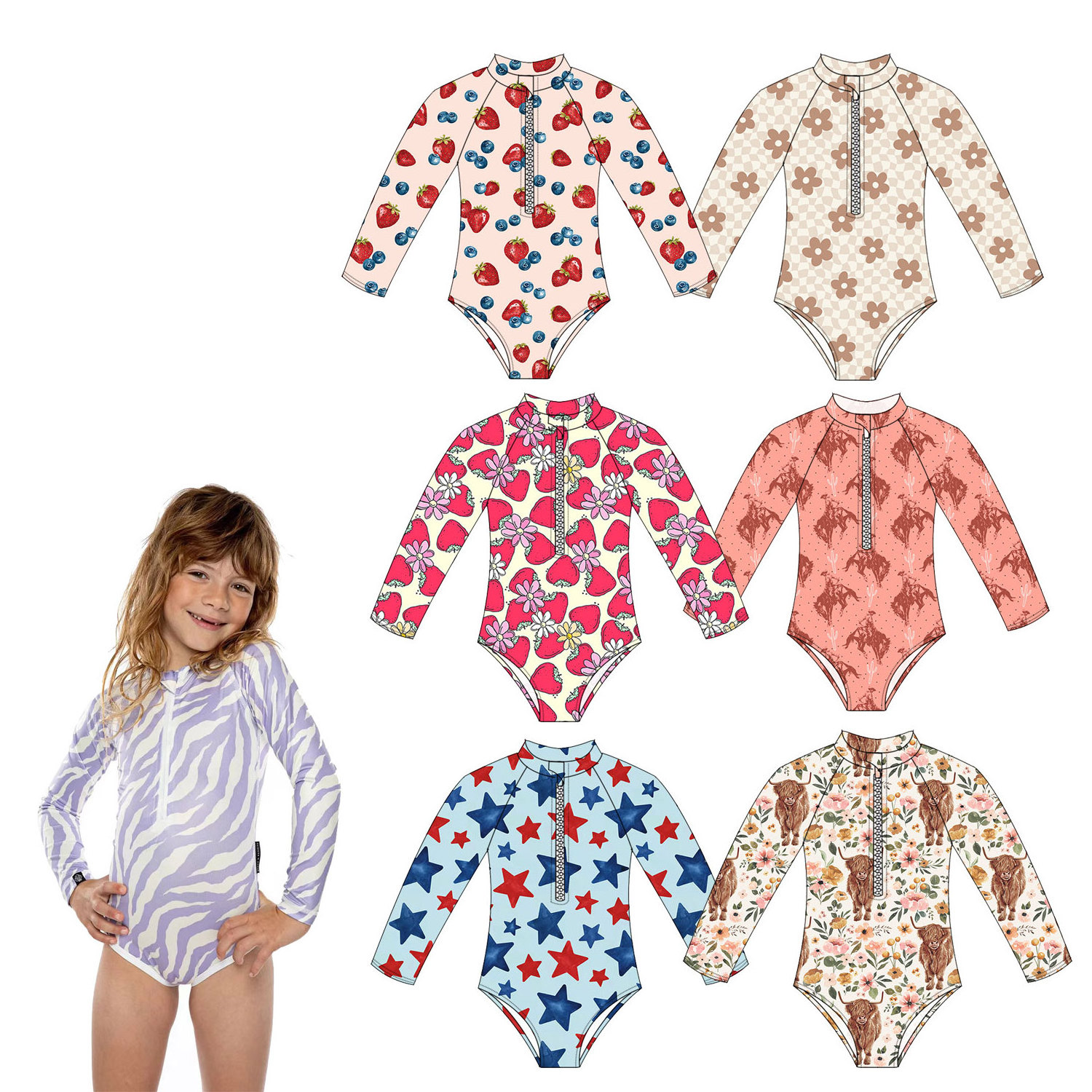 2024 New Summer Wholesale kids swimwear custom printing long sleeve zipper design girl beachwear bikini