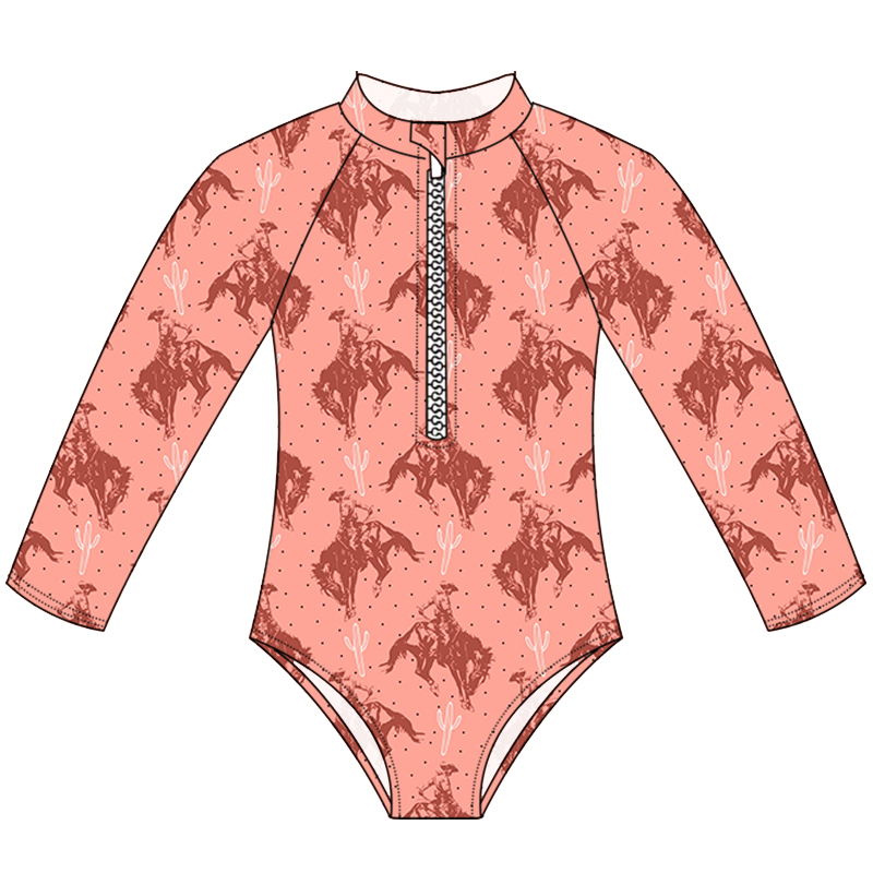 2024 New Summer Wholesale kids swimwear custom printing long sleeve zipper design girl beachwear bikini