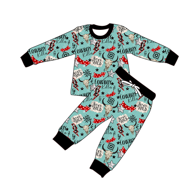 New Arrival Western Pattern Boutique Kids Girls Clothing Bamboo Fabric Soft 2 Pieces Pajamas Sets