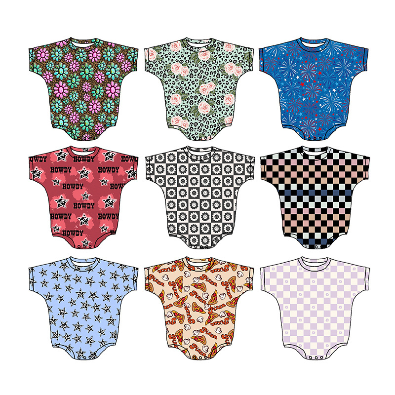 Wholesale Children clothes loose romper Western printing  short sleeve baby girl's bubble romper