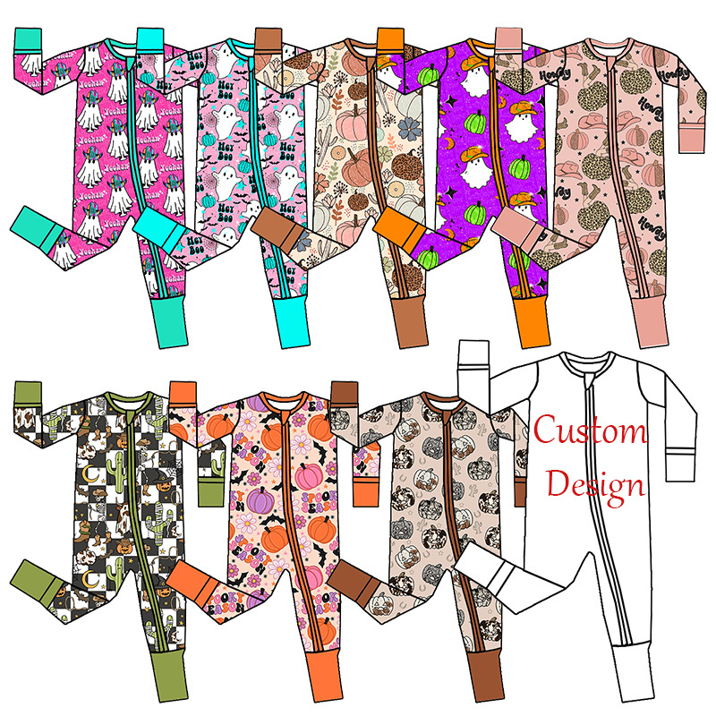 Hot selling Long sleeve rompers Custom Western Halloween print Baby Bamboo pjs Infant long zippy romper