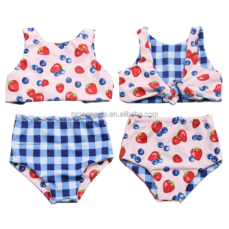 Fashion 4th Of July Design Kids Reversible Swimwear Red Striped Blue Star Bathing Suit Girls Bikini 12 Year Old Girl Swimsuit