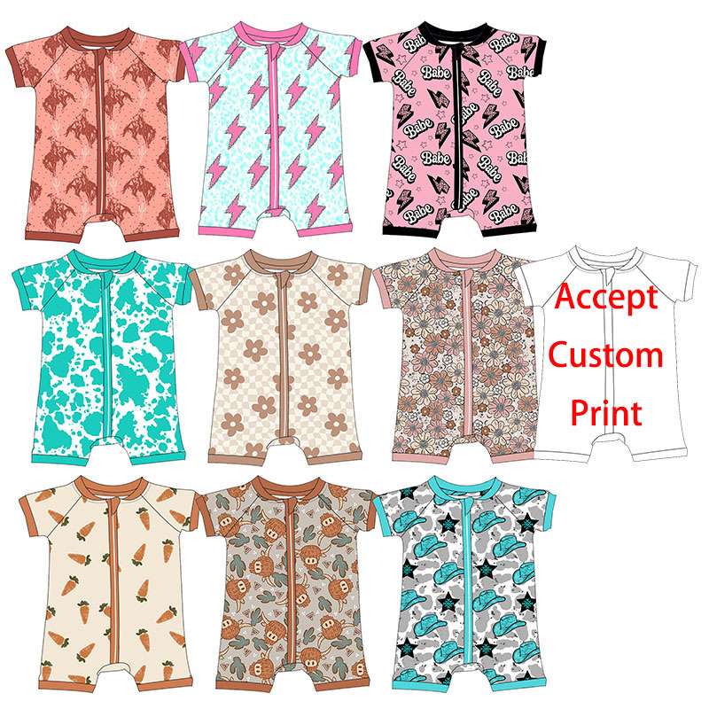 2024 Summer Boy Girl Romper With Two Way Zipper Short Sleeve Short Pants Western Pattern Bamboo Fabric Newborn Baby Pajamas