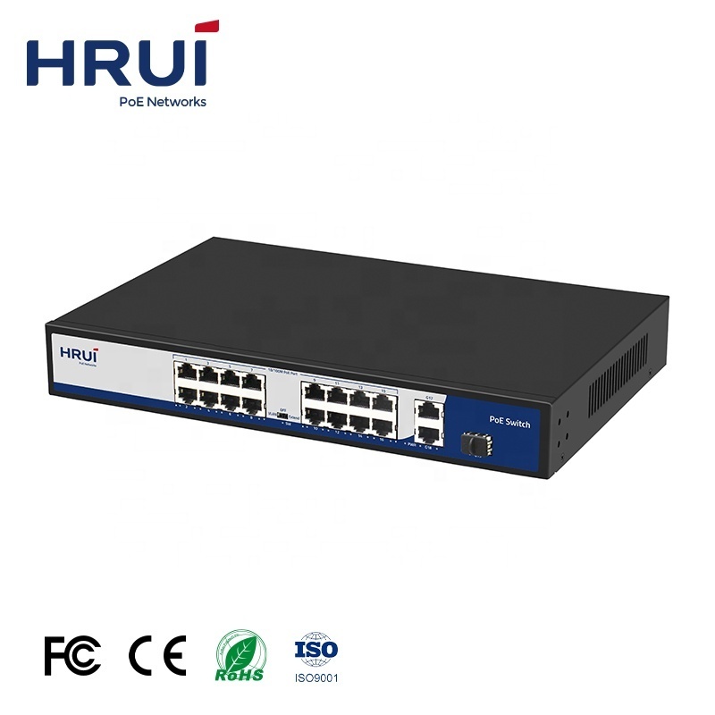 2022 HRUI 16 Ports Gigabit PoE Switch 200W Support VLAN Extend 250 Meters PoE Switch for CCTV Network