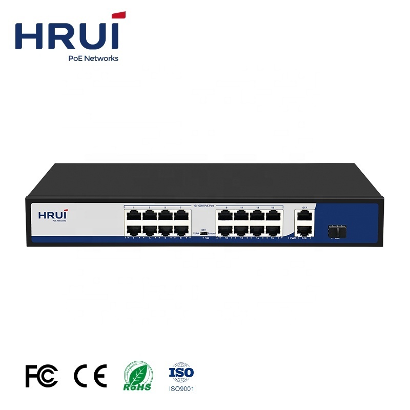 2022 HRUI 16 Ports Gigabit PoE Switch 200W Support VLAN Extend 250 Meters PoE Switch for CCTV Network