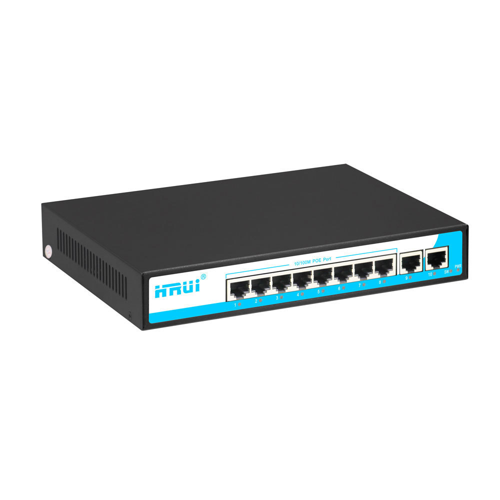 HRUI Fast Ethernet 8 Port PoE Switch 48V transmission 250 meters support VLAN Network Ethernet Switch