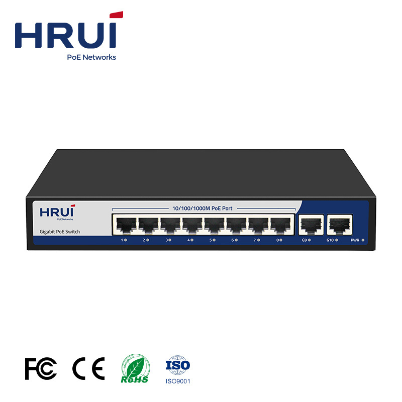 2022 HRUI 8 Ports Gigabit PoE Switch 20Gbps 120W 2 Gigabit Ethernet Uplink Ports for IP Camera