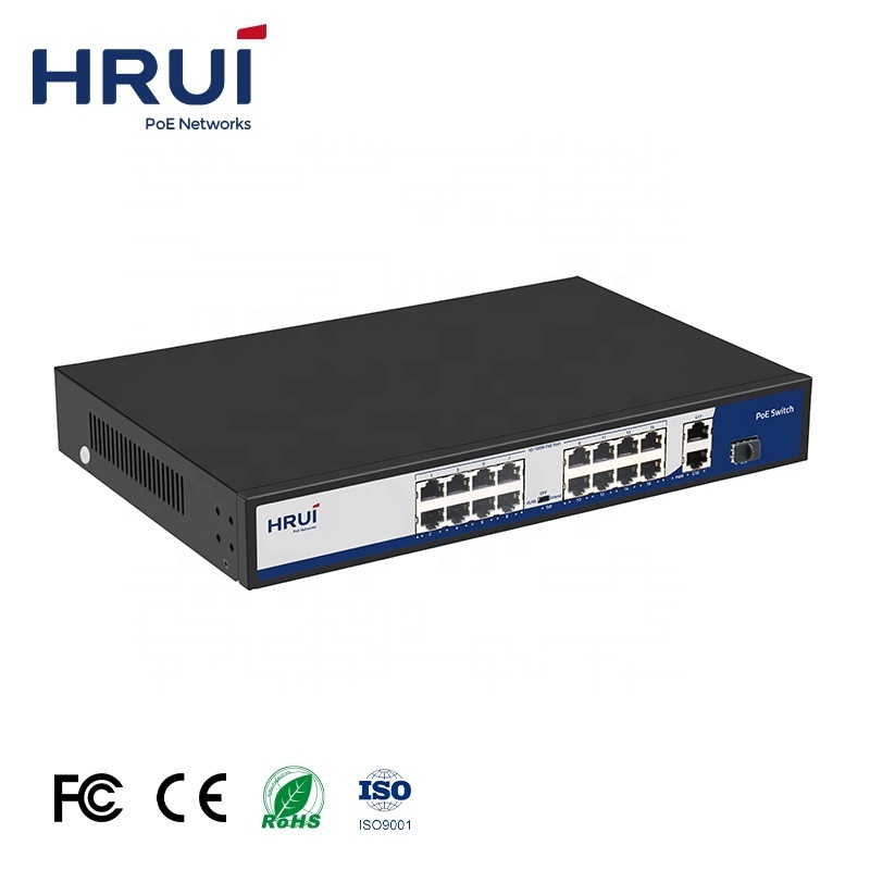 2022 HRUI 16 Ports Gigabit PoE Switch 200W Support VLAN Extend 250 Meters PoE Switch for CCTV Network