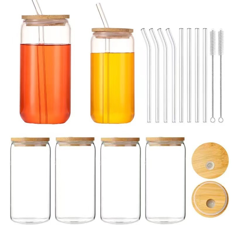 12oz 16oz frosted clear sublimation blanks tumbler beer can glass jar with Bamboo Lid and Straws