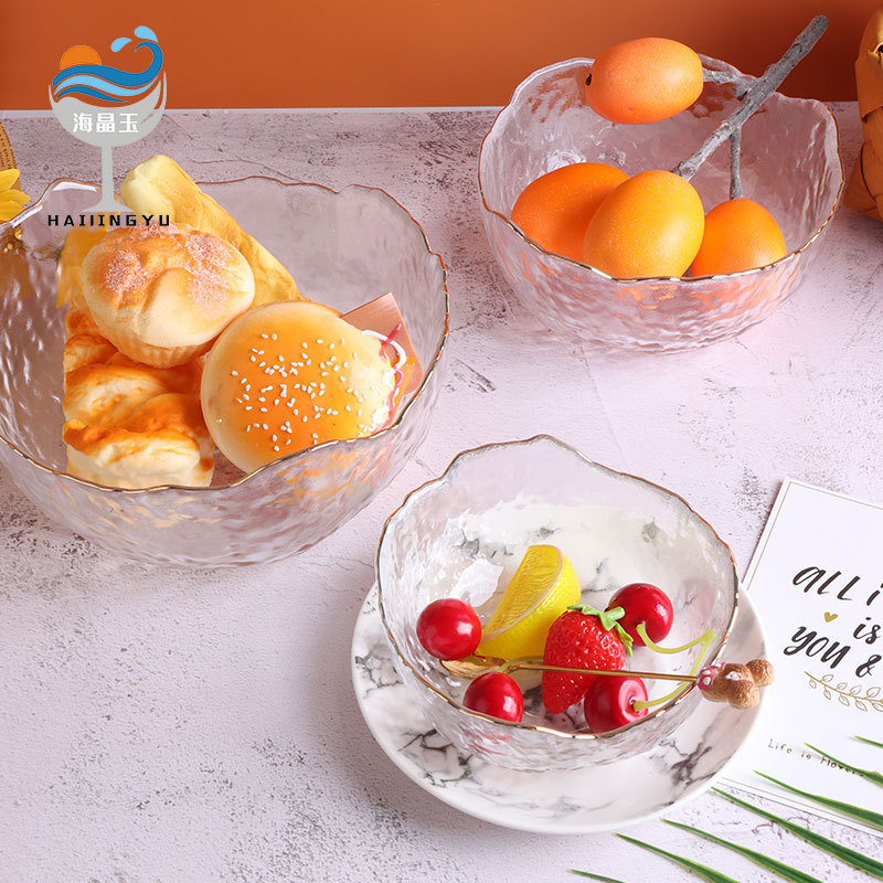 Household kitchenware clear glass bowl gold rimmed japanese vegetable fruit salad glass punch bowls