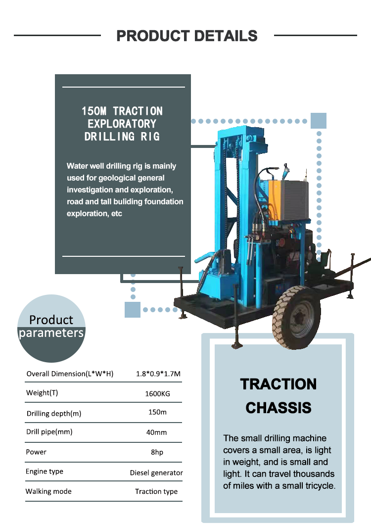 Hongrun 22HP Diesel Engine 150m Wheel Drilling Rig mine drilling rig water drilling rig for well