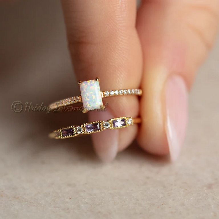 Natural Rectangle Shape Opal Gemstone CZ Women Prong Set 925 Sterling Silver Yellow And Rose Gold Vermeil Statement Ring Jewelry