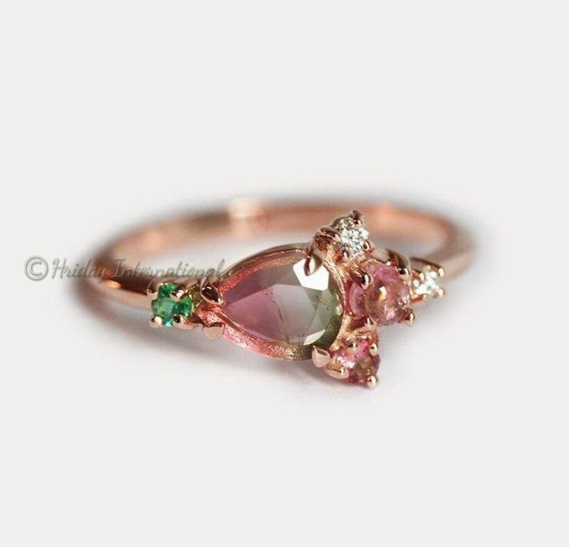 Yellow And Rose Gold Plated Solid Silver Natural Watermelon tourmaline Customs Fine Jewelry Hot Selling Gold Ring Wholesale