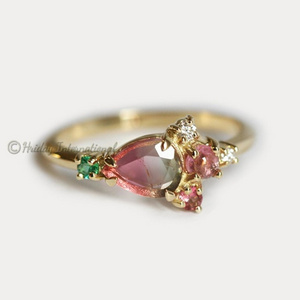 Yellow And Rose Gold Plated Solid Silver Natural Watermelon tourmaline Customs Fine Jewelry Hot Selling Gold Ring Wholesale