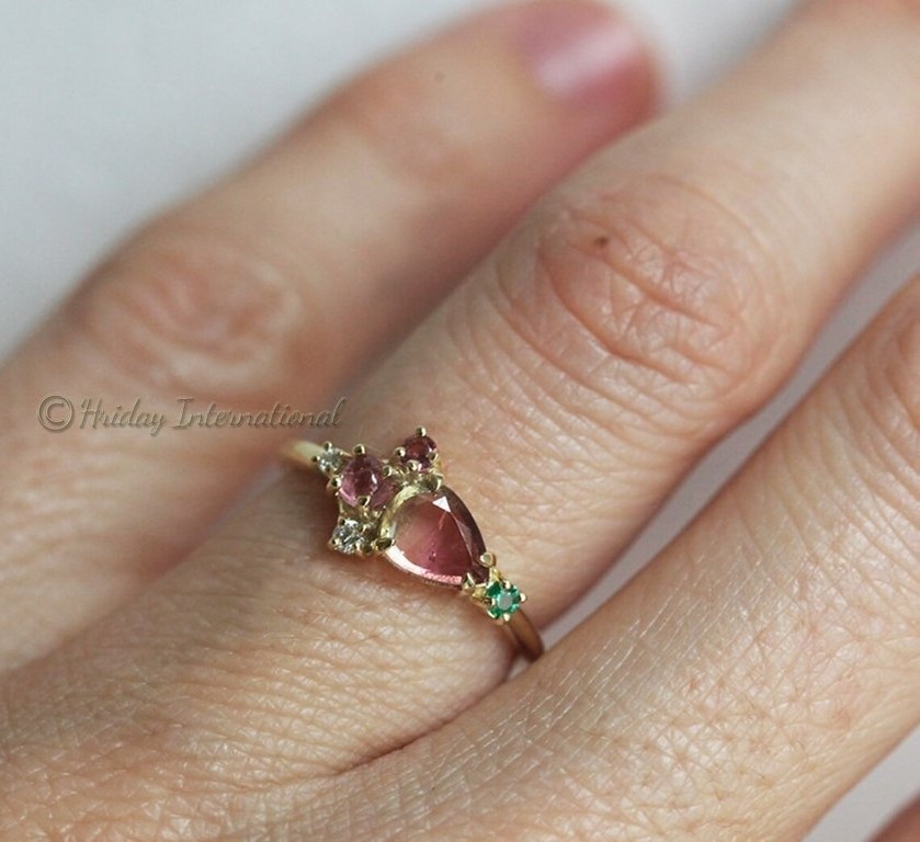 Yellow And Rose Gold Plated Solid Silver Natural Watermelon tourmaline Customs Fine Jewelry Hot Selling Gold Ring Wholesale