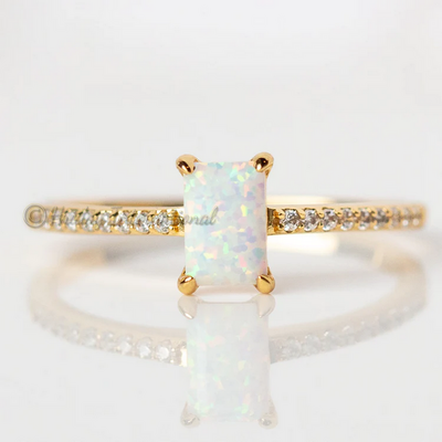 Natural Rectangle Shape Opal Gemstone CZ Women Prong Set 925 Sterling Silver Yellow And Rose Gold Vermeil Statement Ring Jewelry