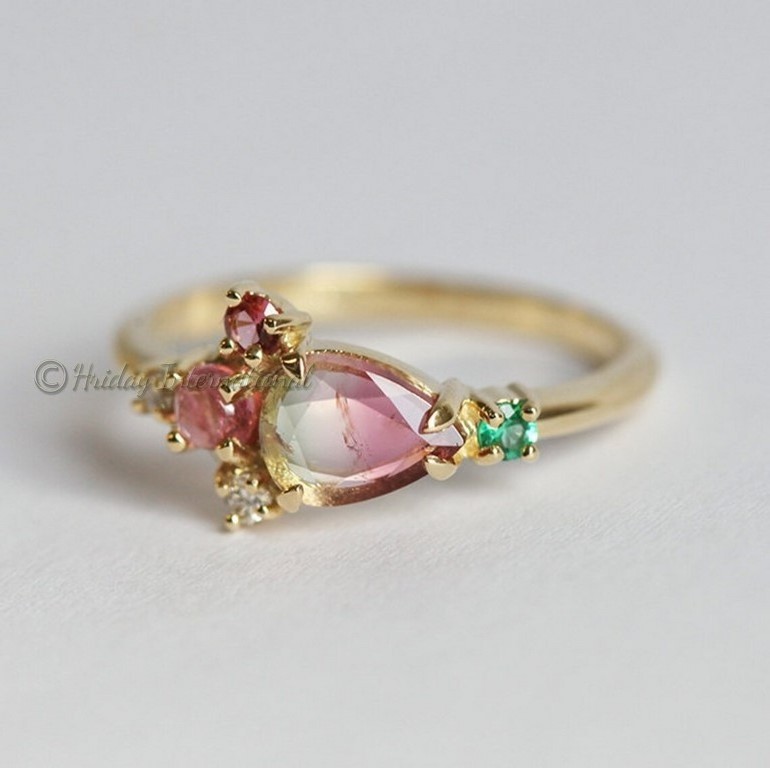 Yellow And Rose Gold Plated Solid Silver Natural Watermelon tourmaline Customs Fine Jewelry Hot Selling Gold Ring Wholesale