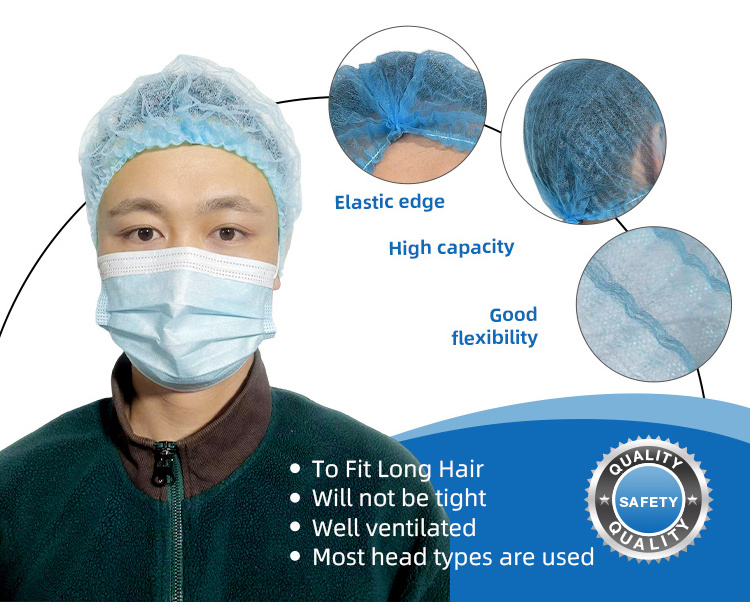 Wholesalers Disposable Doctor Nurse Surgical Blue Elastic Band Pp Non Woven Bouffant clip cap Mob Caps