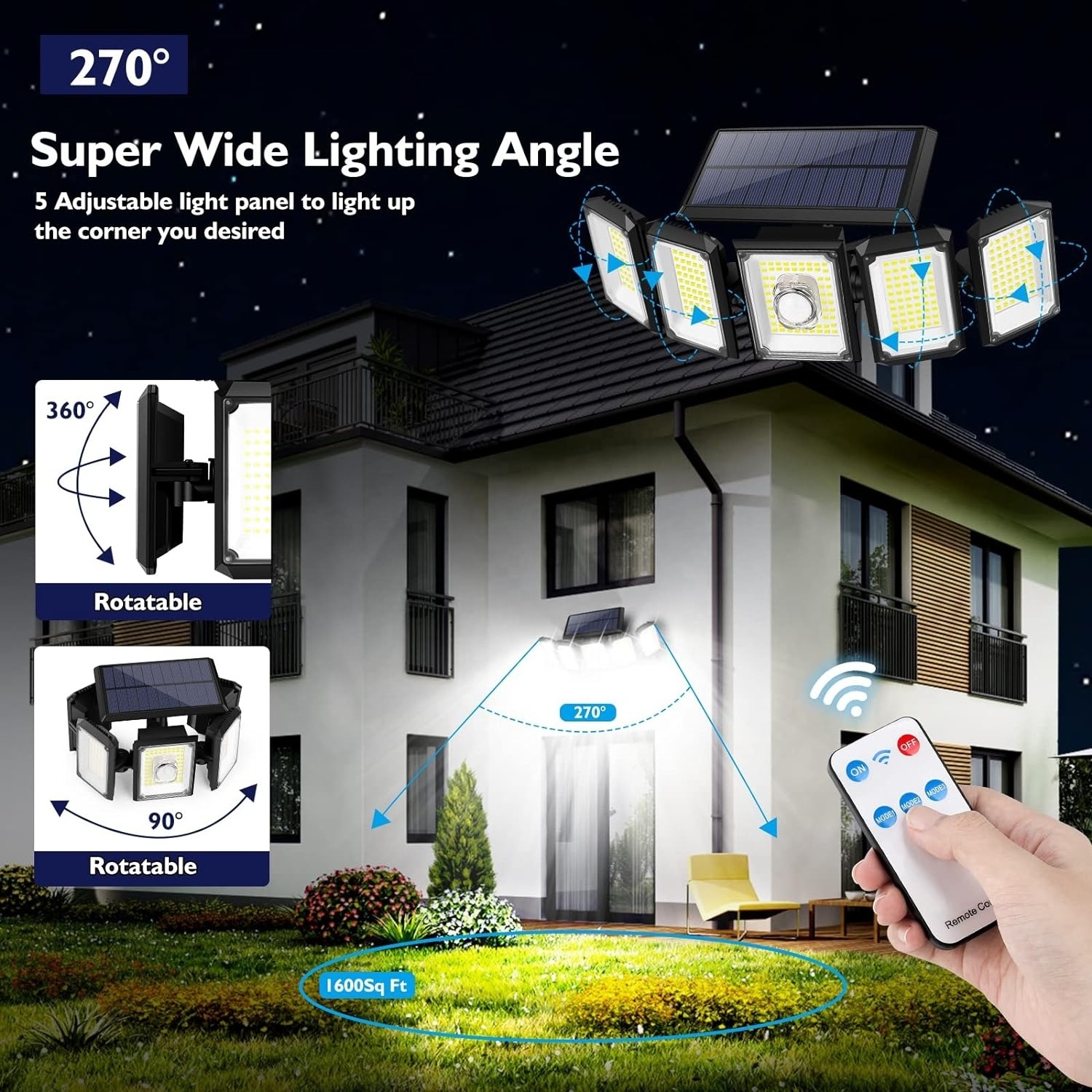 Solar lamps Outdoor Motion Sensor LED Solar Security Lights Remote Control 5 Heads IP65  Wide Angle Solar floor lights