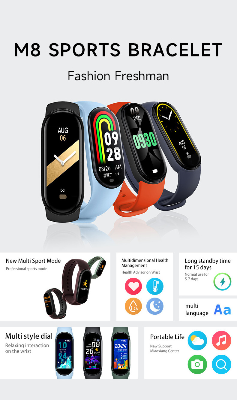 M Smart Band 8 With BT 4.0 Smart Band Watch Weather Message Fitness Band Smart Watch bracelet